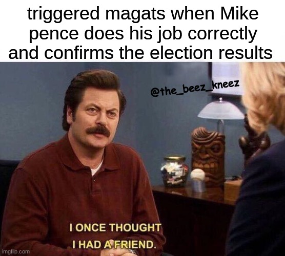 it's not betrayal, it's just doing what he's supposed to do | triggered magats when Mike pence does his job correctly and confirms the election results; @the_beez_kneez | image tagged in ron swanson betrayed lost friend | made w/ Imgflip meme maker