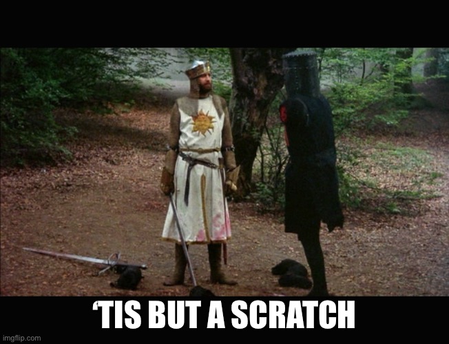 'Tis but a scratch (Monty Python) | ‘TIS BUT A SCRATCH | image tagged in 'tis but a scratch monty python | made w/ Imgflip meme maker
