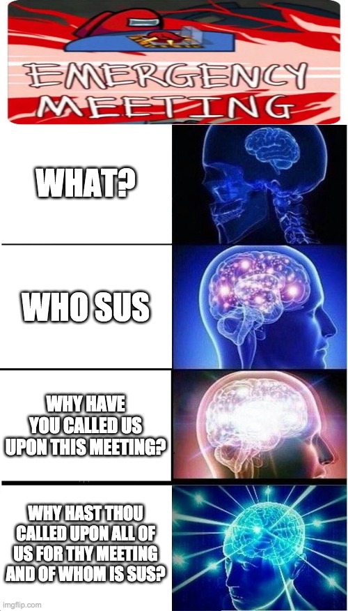 Expanding Brain Meme | WHAT? WHO SUS; WHY HAVE YOU CALLED US UPON THIS MEETING? WHY HAST THOU CALLED UPON ALL OF US FOR THY MEETING AND OF WHOM IS SUS? | image tagged in memes,expanding brain | made w/ Imgflip meme maker