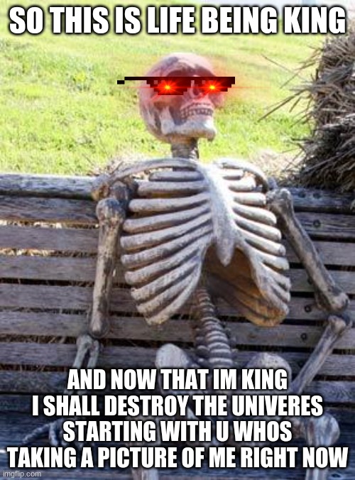 Waiting Skeleton | SO THIS IS LIFE BEING KING; AND NOW THAT IM KING I SHALL DESTROY THE UNIVERES STARTING WITH U WHOS TAKING A PICTURE OF ME RIGHT NOW | image tagged in memes,waiting skeleton | made w/ Imgflip meme maker