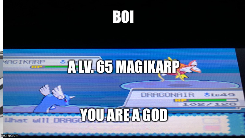A literal god | BOI; A LV. 65 MAGIKARP; YOU ARE A GOD | image tagged in pokemon | made w/ Imgflip meme maker