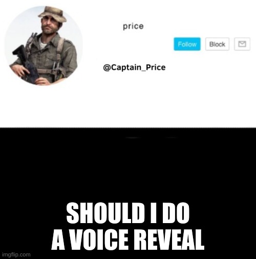 my voice sounds very cringy | SHOULD I DO A VOICE REVEAL | image tagged in captain_price template | made w/ Imgflip meme maker