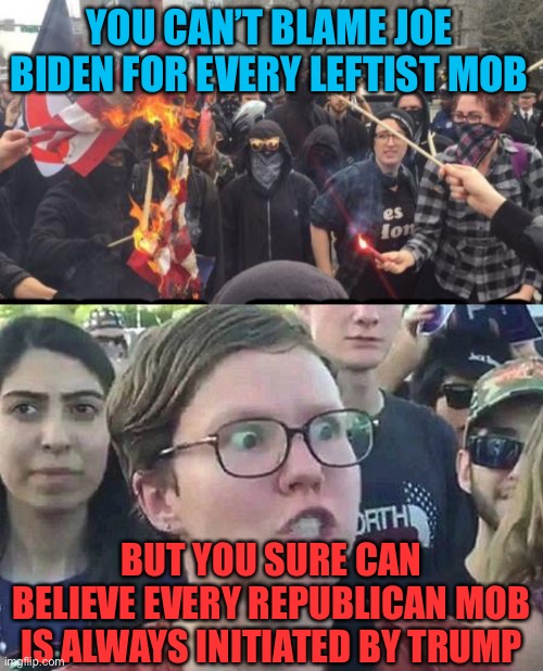 The media is so full of it these days. Why are people believing them? | YOU CAN’T BLAME JOE BIDEN FOR EVERY LEFTIST MOB; BUT YOU SURE CAN BELIEVE EVERY REPUBLICAN MOB IS ALWAYS INITIATED BY TRUMP | image tagged in antifa democrat leftist terrorist,triggered liberal,fake news,leftists,contradiction,angry mob | made w/ Imgflip meme maker
