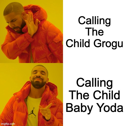 Fan Logic | Calling The Child Grogu; Calling The Child Baby Yoda | image tagged in memes,drake hotline bling | made w/ Imgflip meme maker