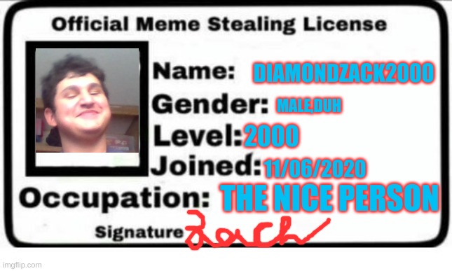 lmfao that picture tho | DIAMONDZACK2000; MALE,DUH; 2000; 11/06/2020; THE NICE PERSON | image tagged in official meme stealing license | made w/ Imgflip meme maker