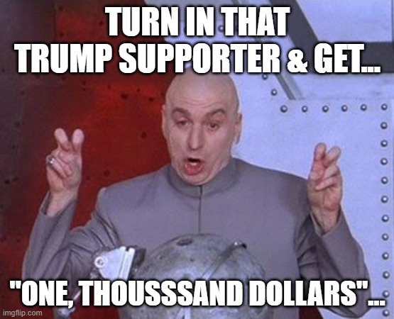 $1000 Dollars for Trump Supporters | TURN IN THAT TRUMP SUPPORTER & GET... "ONE, THOUSSSAND DOLLARS"... | image tagged in memes,dr evil laser | made w/ Imgflip meme maker