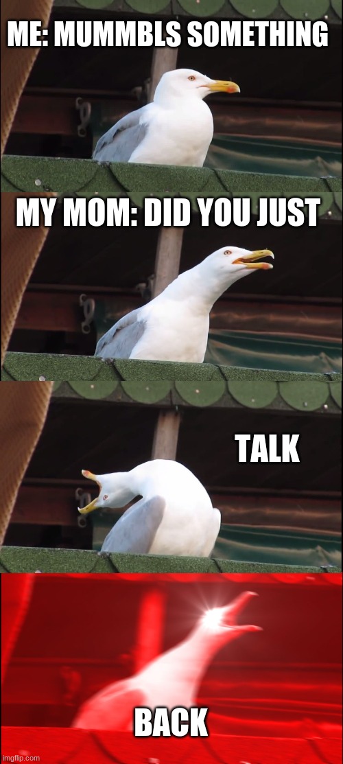 Inhaling Seagull Meme | ME: MUMMBLS SOMETHING; MY MOM: DID YOU JUST; TALK; BACK | image tagged in memes,inhaling seagull | made w/ Imgflip meme maker