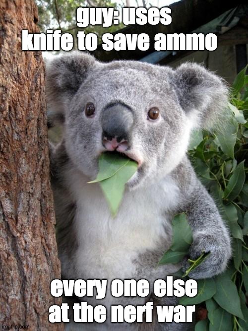I think he got the wrong idea | guy: uses knife to save ammo; every one else at the nerf war | image tagged in memes,surprised koala | made w/ Imgflip meme maker