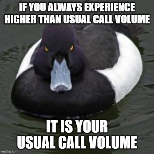 It's not higher than usual | IF YOU ALWAYS EXPERIENCE HIGHER THAN USUAL CALL VOLUME; IT IS YOUR USUAL CALL VOLUME | image tagged in angry advice mallard | made w/ Imgflip meme maker