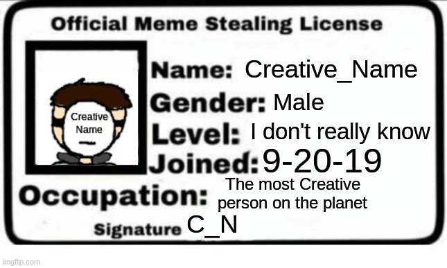 I made one of these I guess | Creative_Name; Male; I don't really know; 9-20-19; The most Creative person on the planet; C_N | image tagged in official meme stealing license | made w/ Imgflip meme maker