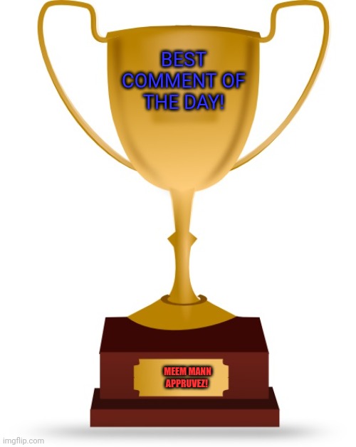 Blank Trophy | BEST COMMENT OF THE DAY! MEEM MANN APPRUVEZ! | image tagged in blank trophy | made w/ Imgflip meme maker