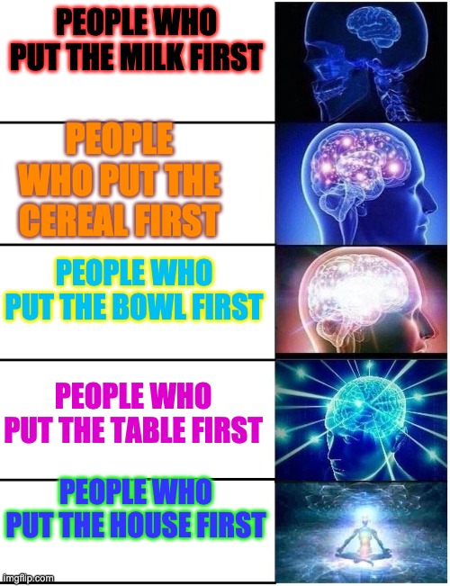 Smarty pants have houses and cereal | PEOPLE WHO PUT THE MILK FIRST; PEOPLE WHO PUT THE CEREAL FIRST; PEOPLE WHO PUT THE BOWL FIRST; PEOPLE WHO PUT THE TABLE FIRST; PEOPLE WHO PUT THE HOUSE FIRST | image tagged in expanding brain 5 panel | made w/ Imgflip meme maker