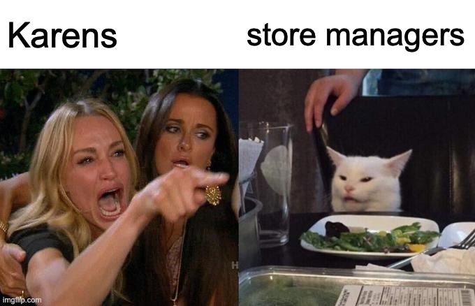 Woman Yelling At Cat Meme | Karens; store managers | image tagged in memes,woman yelling at cat | made w/ Imgflip meme maker