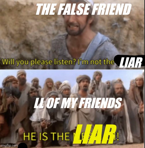 messiah | THE FALSE FRIEND; LIAR; LL OF MY FRIENDS; LIAR | image tagged in messiah | made w/ Imgflip meme maker