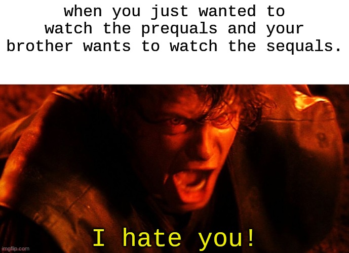Anakin I Hate You | when you just wanted to watch the prequals and your brother wants to watch the sequals. I hate you! | image tagged in anakin i hate you | made w/ Imgflip meme maker