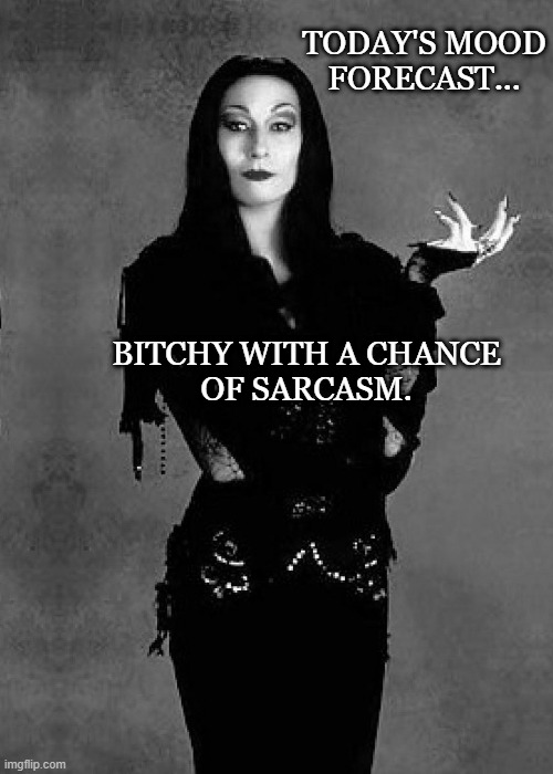 morticia | TODAY'S MOOD
FORECAST... BITCHY WITH A CHANCE
OF SARCASM. | image tagged in forecast,bitchy with chance of sarcasm | made w/ Imgflip meme maker