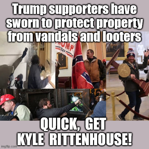 USA!  USA!  USA! | Trump supporters have sworn to protect property from vandals and looters; QUICK,  GET  KYLE  RITTENHOUSE! | image tagged in maga,trump,trump supporters,2020 elections,riots | made w/ Imgflip meme maker