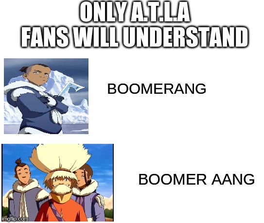 Avatar The Last Airboomer | ONLY A.T.L.A FANS WILL UNDERSTAND; BOOMERANG; BOOMER AANG | image tagged in avatar the last airbender | made w/ Imgflip meme maker