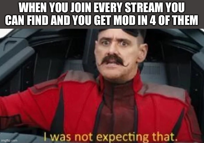 I was not expecting that | WHEN YOU JOIN EVERY STREAM YOU CAN FIND AND YOU GET MOD IN 4 OF THEM | image tagged in i was not expecting that | made w/ Imgflip meme maker
