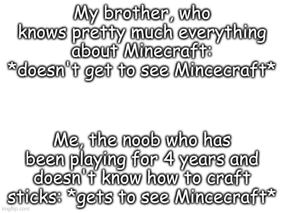 Blank White Template | My brother, who knows pretty much everything about Minecraft: *doesn't get to see Mincecraft*; Me, the noob who has been playing for 4 years and doesn't know how to craft sticks: *gets to see Mincecraft* | image tagged in blank white template | made w/ Imgflip meme maker