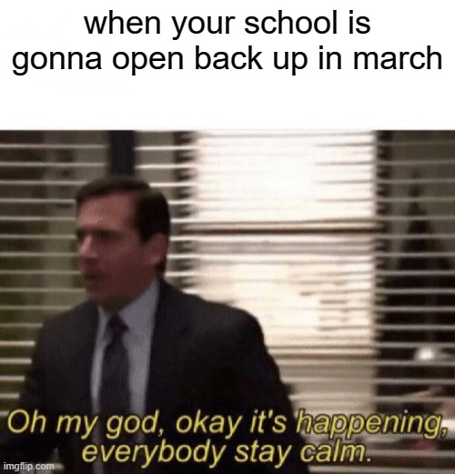ayy | when your school is gonna open back up in march | image tagged in oh my god okay it's happening everybody stay calm | made w/ Imgflip meme maker
