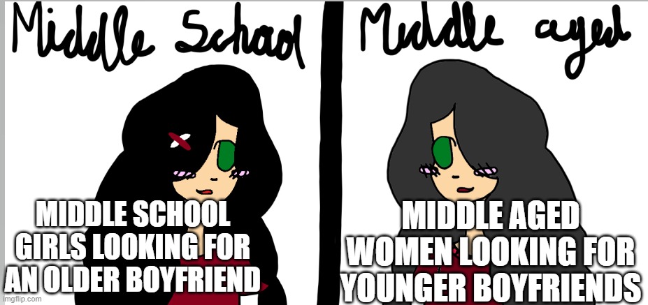 Straight females confuse me | MIDDLE AGED WOMEN LOOKING FOR YOUNGER BOYFRIENDS; MIDDLE SCHOOL GIRLS LOOKING FOR AN OLDER BOYFRIEND | image tagged in girls are confusing | made w/ Imgflip meme maker