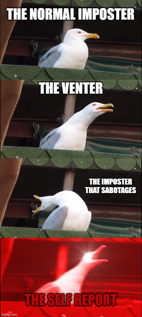 Annoying things in among us in my rating | THE NORMAL IMPOSTER; THE VENTER; THE IMPOSTER THAT SABOTAGES; THE SELF REPORT | image tagged in memes,inhaling seagull | made w/ Imgflip meme maker