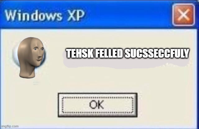 Task failed successfully | TEHSK FELLED SUCSSECCFULY | image tagged in task failed successfully | made w/ Imgflip meme maker
