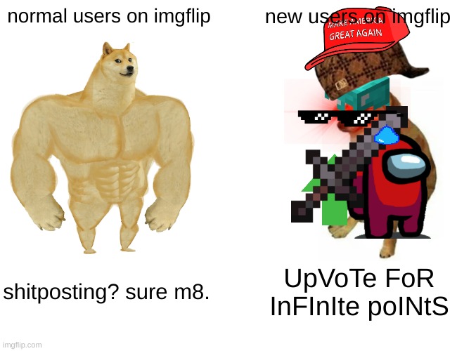 Buff Doge vs. Cheems | normal users on imgflip; new users on imgflip; shitposting? sure m8. UpVoTe FoR InFInIte poINtS | image tagged in memes,buff doge vs cheems | made w/ Imgflip meme maker