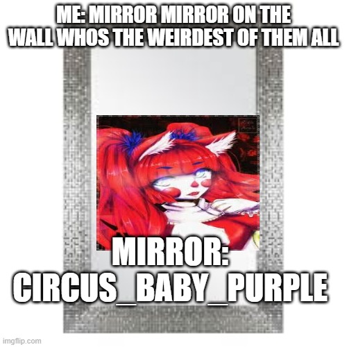 mirror mirror | ME: MIRROR MIRROR ON THE WALL WHOS THE WEIRDEST OF THEM ALL; MIRROR: CIRCUS_BABY_PURPLE | image tagged in mirror mirror | made w/ Imgflip meme maker