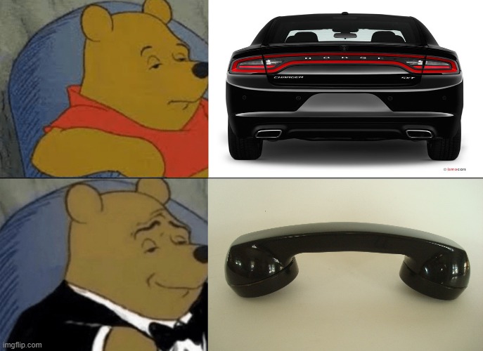 What the rear of the Dodge Charger reminds me of... | image tagged in tuxedo winnie the pooh,dodge,memes,funny memes | made w/ Imgflip meme maker