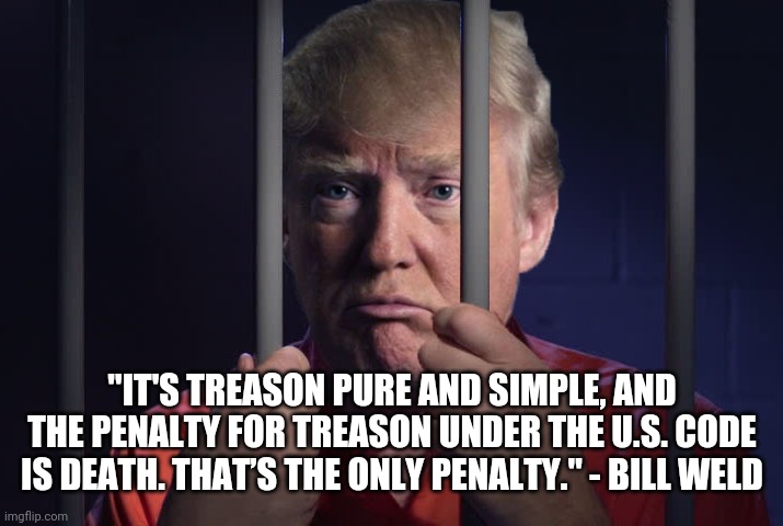 Now more than ever | "IT'S TREASON PURE AND SIMPLE, AND THE PENALTY FOR TREASON UNDER THE U.S. CODE IS DEATH. THAT’S THE ONLY PENALTY." - BILL WELD | image tagged in trump prison,traitors,donald trump thug life,death penalty,trump unfit unqualified dangerous,treason | made w/ Imgflip meme maker