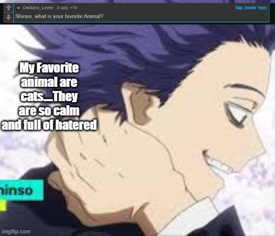 FIRST SHINSO ASKS! | My Favorite animal are cats....They are so calm and full of hatered | made w/ Imgflip meme maker