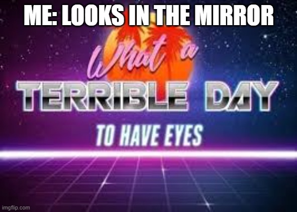 What A Terrible Day To Have Eyes | ME: LOOKS IN THE MIRROR | image tagged in what a terrible day to have eyes | made w/ Imgflip meme maker