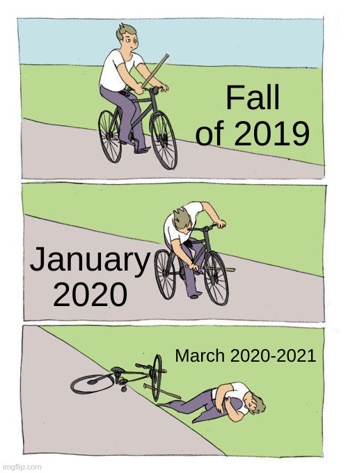 Bike Fall Meme | Fall of 2019; January 2020; March 2020-2021 | image tagged in memes,bike fall | made w/ Imgflip meme maker