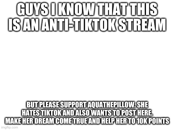 Blank White Template | GUYS I KNOW THAT THIS IS AN ANTI-TIKTOK STREAM; BUT PLEASE SUPPORT AQUATHEPILLOW. SHE HATES TIKTOK AND ALSO WANTS TO POST HERE. MAKE HER DREAM COME TRUE AND HELP HER TO 10K POINTS | image tagged in blank white template | made w/ Imgflip meme maker