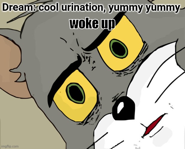 Unsettled Tom | Dream: cool urination, yummy yummy; woke up | image tagged in memes,unsettled tom | made w/ Imgflip meme maker
