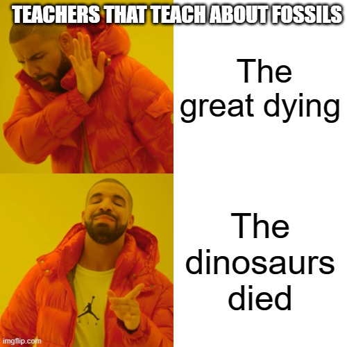 Drake Hotline Bling | TEACHERS THAT TEACH ABOUT FOSSILS; The great dying; The dinosaurs died | image tagged in memes,drake hotline bling | made w/ Imgflip meme maker