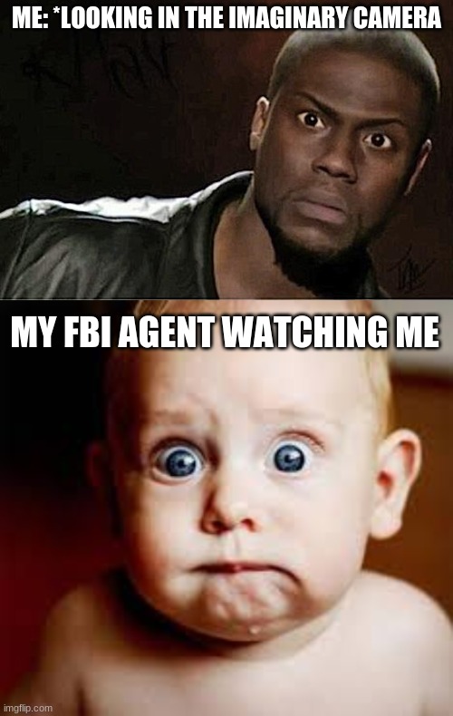 ME: *LOOKING IN THE IMAGINARY CAMERA; MY FBI AGENT WATCHING ME | image tagged in memes,kevin hart | made w/ Imgflip meme maker
