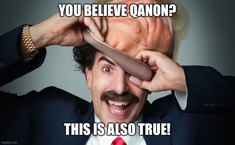 Trump is not real | YOU BELIEVE QANON? THIS IS ALSO TRUE! | image tagged in trump,qanon,borat | made w/ Imgflip meme maker
