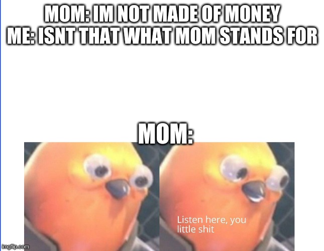 made of money = mom | MOM: IM NOT MADE OF MONEY

ME: ISNT THAT WHAT MOM STANDS FOR; MOM: | image tagged in listen here you little shit | made w/ Imgflip meme maker