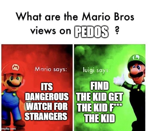 Mario Bros Views | PEDOS; ITS DANGEROUS WATCH FOR STRANGERS; FIND THE KID GET THE KID F***
THE KID | image tagged in mario bros views | made w/ Imgflip meme maker