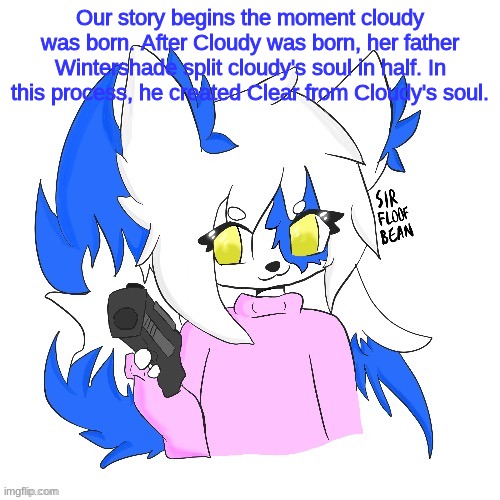 Clear with a gun | Our story begins the moment cloudy was born. After Cloudy was born, her father Wintershade split cloudy's soul in half. In this process, he created Clear from Cloudy's soul. | image tagged in clear with a gun | made w/ Imgflip meme maker