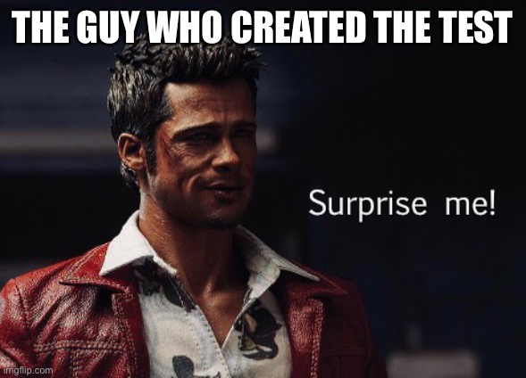 Surprise me! | THE GUY WHO CREATED THE TEST | image tagged in surprise me | made w/ Imgflip meme maker