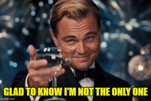 Leonardo Dicaprio Cheers Meme | GLAD TO KNOW I'M NOT THE ONLY ONE | image tagged in memes,leonardo dicaprio cheers | made w/ Imgflip meme maker