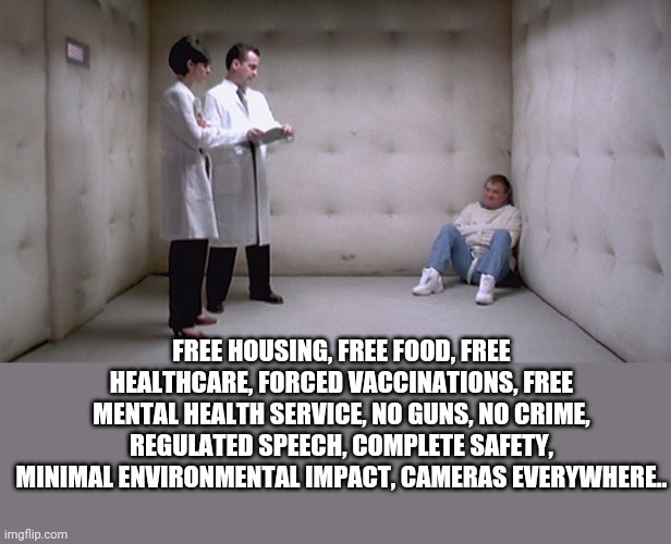 Strait Jacket Padded Room | FREE HOUSING, FREE FOOD, FREE HEALTHCARE, FORCED VACCINATIONS, FREE MENTAL HEALTH SERVICE, NO GUNS, NO CRIME, REGULATED SPEECH, COMPLETE SAFETY, MINIMAL ENVIRONMENTAL IMPACT, CAMERAS EVERYWHERE.. | image tagged in strait jacket padded room | made w/ Imgflip meme maker