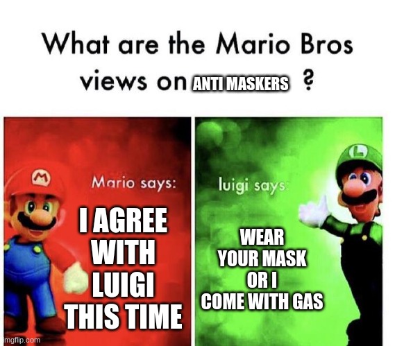 Mario Bros Views | ANTI MASKERS; I AGREE WITH LUIGI THIS TIME; WEAR YOUR MASK OR I COME WITH GAS | image tagged in mario bros views | made w/ Imgflip meme maker