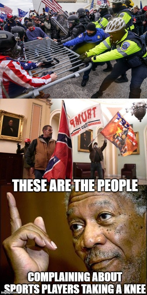 Ohhh he took a knee... OHH the horror! | THESE ARE THE PEOPLE; COMPLAINING ABOUT SPORTS PLAYERS TAKING A KNEE | image tagged in this morgan freeman,memes,politics,maga,treason,colin kaepernick | made w/ Imgflip meme maker