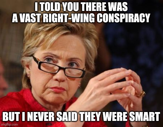 Hillary Clinton | I TOLD YOU THERE WAS A VAST RIGHT-WING CONSPIRACY; BUT I NEVER SAID THEY WERE SMART | image tagged in hillary clinton | made w/ Imgflip meme maker