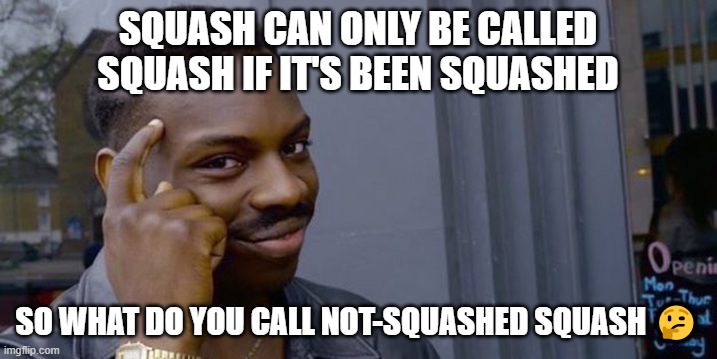 Point to head  | SQUASH CAN ONLY BE CALLED SQUASH IF IT'S BEEN SQUASHED; SO WHAT DO YOU CALL NOT-SQUASHED SQUASH 🤔 | image tagged in point to head | made w/ Imgflip meme maker